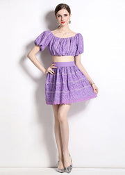 Fashion Purple Hollow Out Wrinkled Patchwork Cotton 2 Piece Outfit Summer