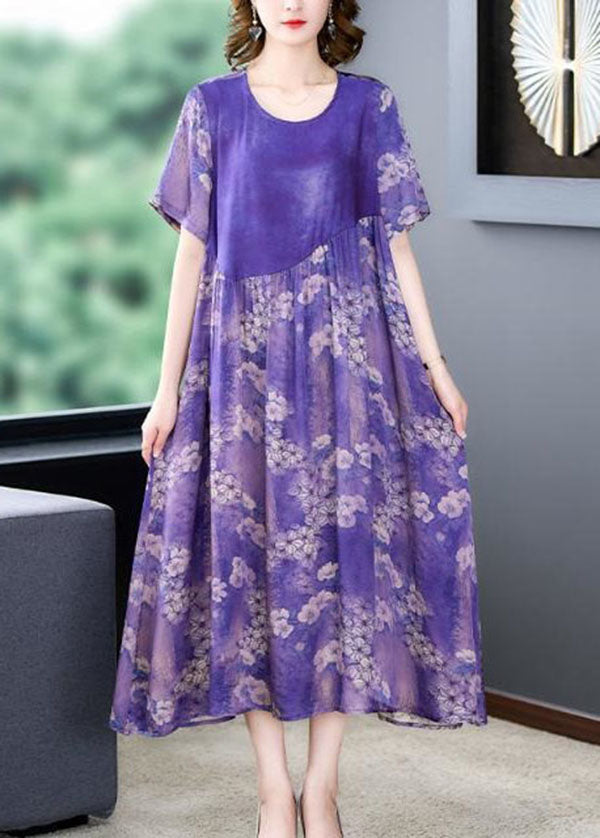 Fashion Purple O Neck Print Wrinkled Patchwork Silk Dress Summer