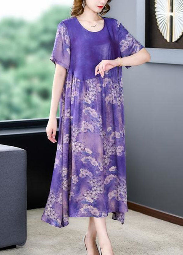 Fashion Purple O Neck Print Wrinkled Patchwork Silk Dress Summer