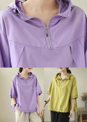 Fashion Purple Patchwork Cotton Solid Hooded Top Short Sleeve