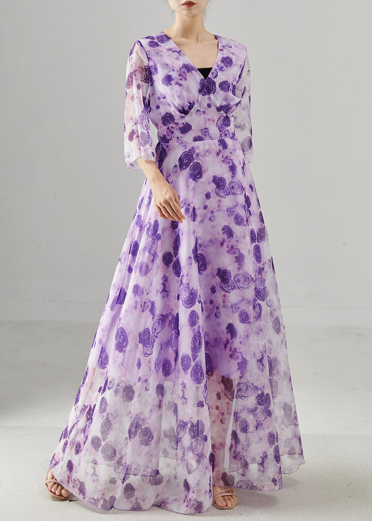 Fashion Purple Print Exra Large Hem Chiffon Long Dresses Summer