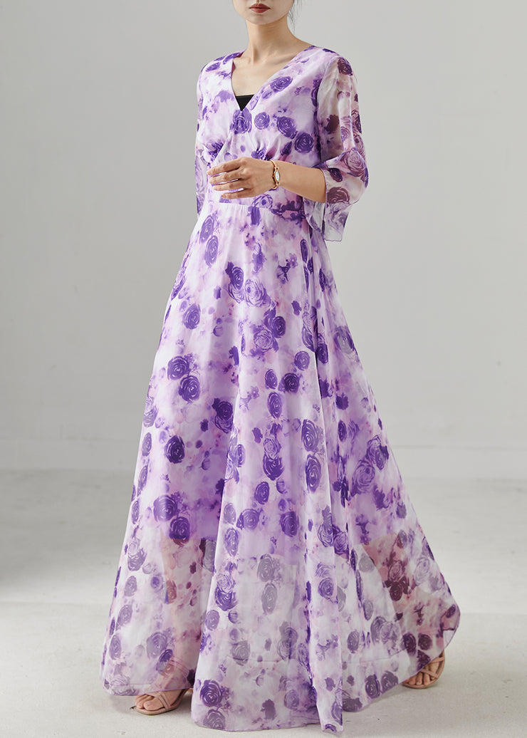 Fashion Purple Print Exra Large Hem Chiffon Long Dresses Summer