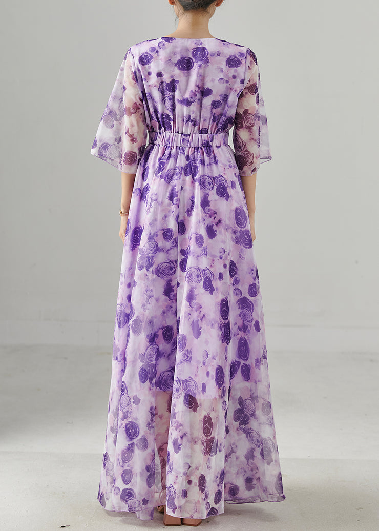 Fashion Purple Print Exra Large Hem Chiffon Long Dresses Summer