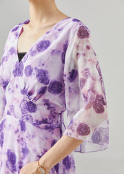 Fashion Purple Print Exra Large Hem Chiffon Long Dresses Summer