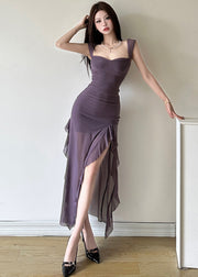 Fashion Purple Ruffled Patchwork Side Open Tulle Maxi Dress Summer