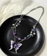 Fashion Purple Stainless Steel Crystal Zircon Butterfly Hollow Out Tassel Lariat Necklace