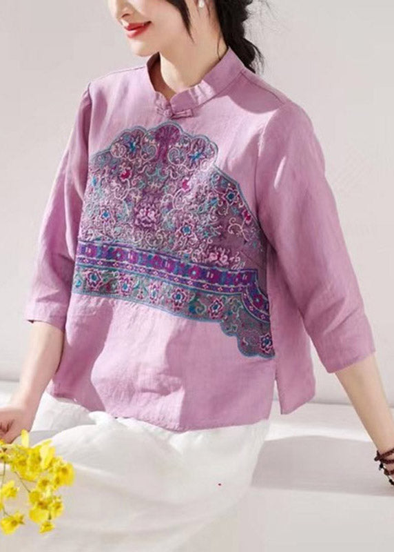 Fashion Purple Stand Collar Embroideried Floral Button Linen Shirt Long Sleeve