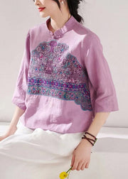 Fashion Purple Stand Collar Embroideried Floral Button Linen Shirt Long Sleeve