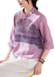 Fashion Purple Stand Collar Embroideried Floral Button Linen Shirt Long Sleeve