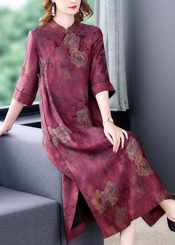 Fashion Purple Stand Collar Print Button Side Open Silk Long Dresses Summer