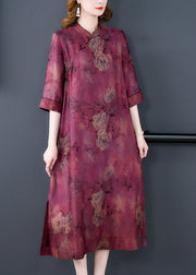 Fashion Purple Stand Collar Print Button Side Open Silk Long Dresses Summer