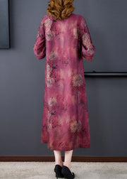 Fashion Purple Stand Collar Print Button Side Open Silk Long Dresses Summer