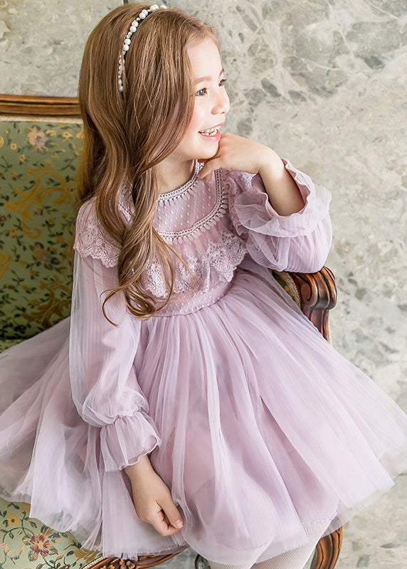 Fashion Purple Tassek Warm Fleece Tulle Girls Maxi Dress Flare Sleeve