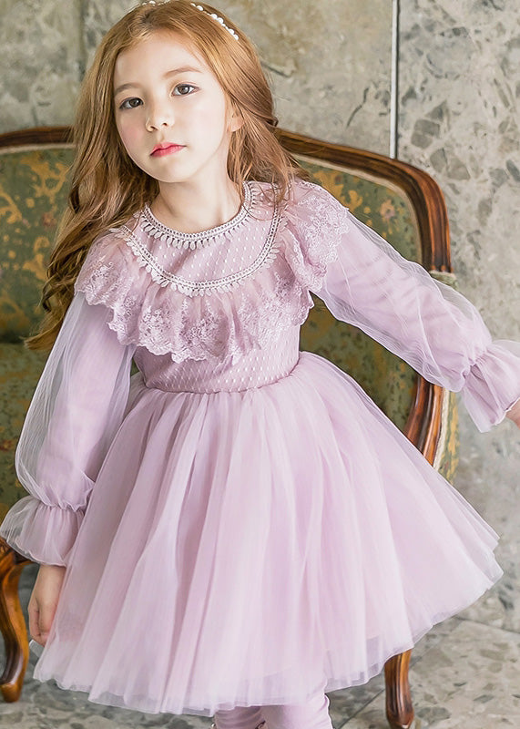 Fashion Purple Tassek Warm Fleece Tulle Girls Maxi Dress Flare Sleeve