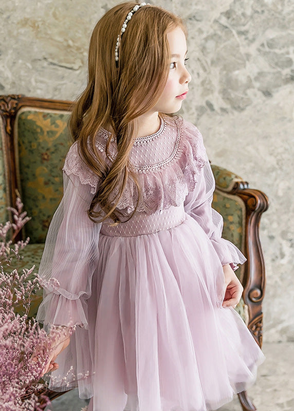 Fashion Purple Tassek Warm Fleece Tulle Girls Maxi Dress Flare Sleeve