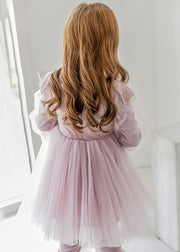 Fashion Purple Tassek Warm Fleece Tulle Girls Maxi Dress Flare Sleeve