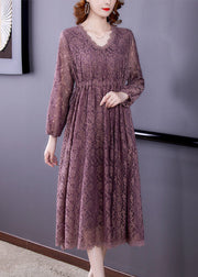 Fashion Purple V Neck Cinched Lace Holiday Dress Spring