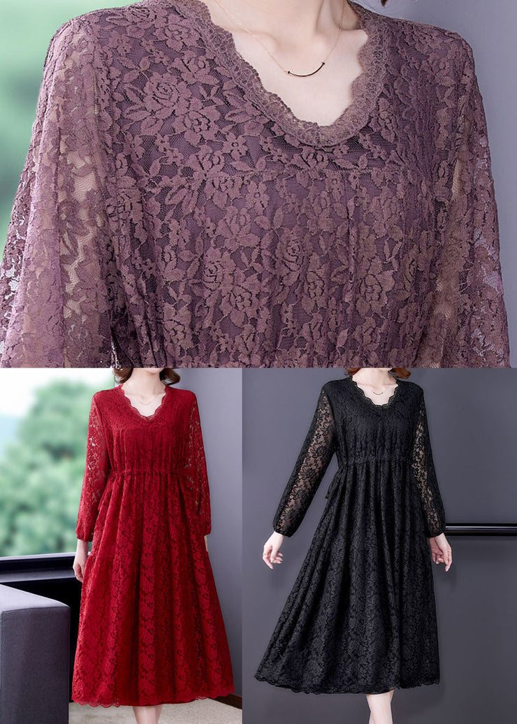 Fashion Purple V Neck Cinched Lace Holiday Dress Spring