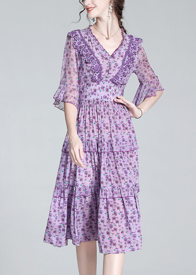 Fashion Purple V Neck Print Wrinkled Button Silk Long Dress Half Sleeve