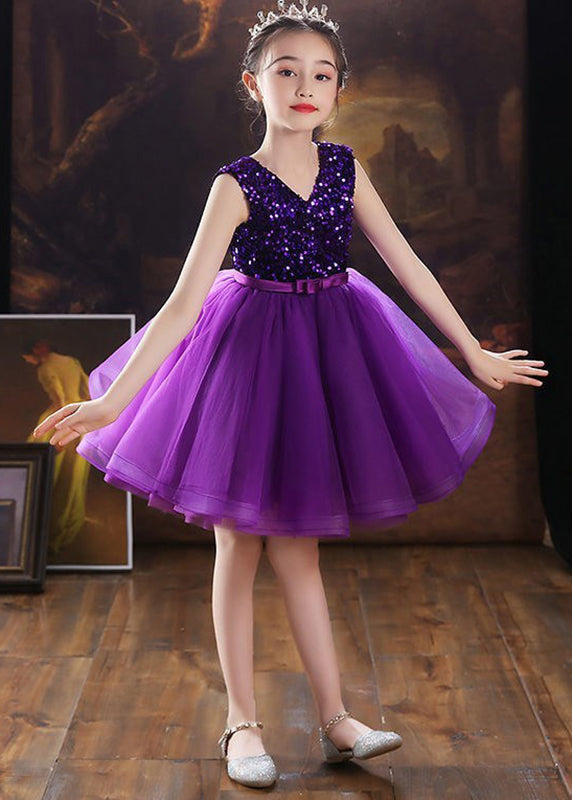 Fashion Purple V Neck Tulle Patchwork Sequins Girls Mid Dress Sleeveless