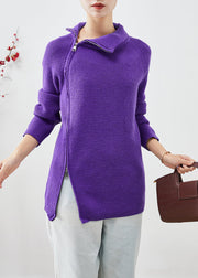 Fashion Purple Zip Up Thick Knit Short Sweater Winter