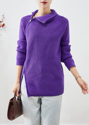 Fashion Purple Zip Up Thick Knit Short Sweater Winter