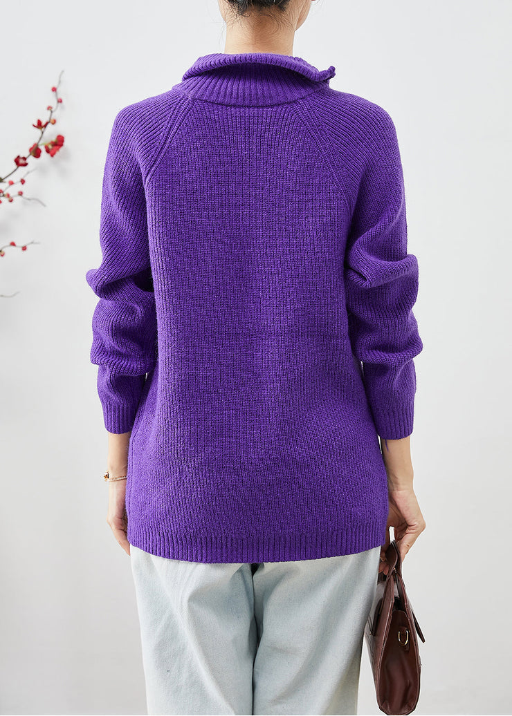 Fashion Purple Zip Up Thick Knit Short Sweater Winter