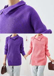 Fashion Purple Zip Up Thick Knit Short Sweater Winter