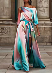 Fashion Rainbow Asymmetrical Patchwork Silk Maxi Dress Summer