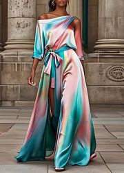 Fashion Rainbow Asymmetrical Patchwork Silk Maxi Dress Summer