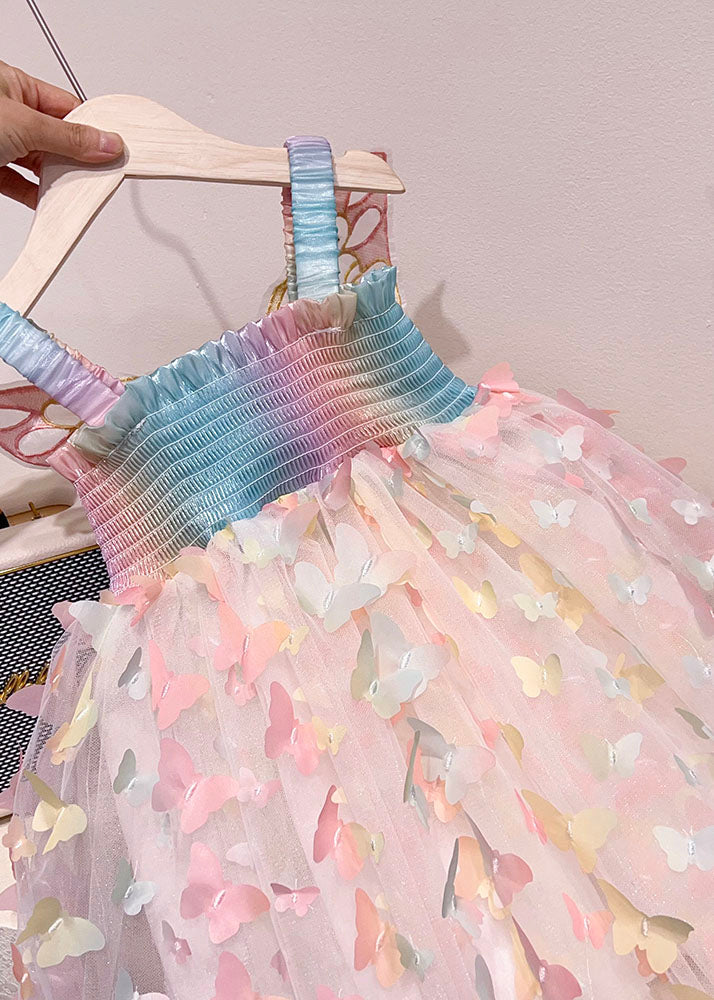 Fashion Rainbow Butterfly Nail Bead Tulle Baby Girls Dresses Summer