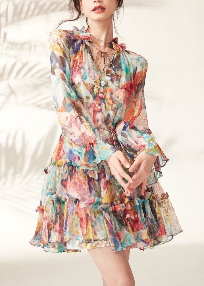Fashion Rainbow Print Ruffled Lace Tie Mid Dresses Spring