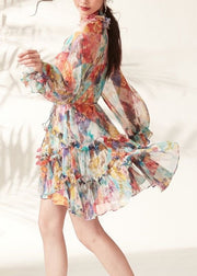 Fashion Rainbow Print Ruffled Lace Tie Mid Dresses Spring