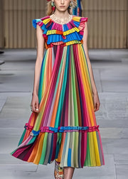 Fashion Rainbow Ruffled Striped Chiffon Holiday Pleated Dress Summer