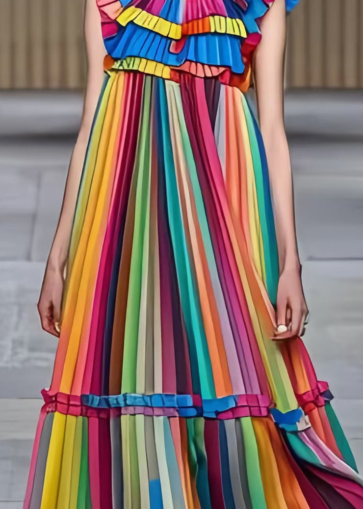 Fashion Rainbow Ruffled Striped Chiffon Holiday Pleated Dress Summer