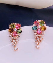 Fashion Rainbow Sterling Silver Overgild Zircon Crystal Floral Stud Earrings