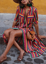 Fashion Rainbow Striped Button Tie Waist Maxi Shirts Dresses Summer