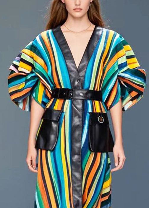 Fashion Rainbow Striped Patchwork Pockets Cotton Dress Puff Sleeve