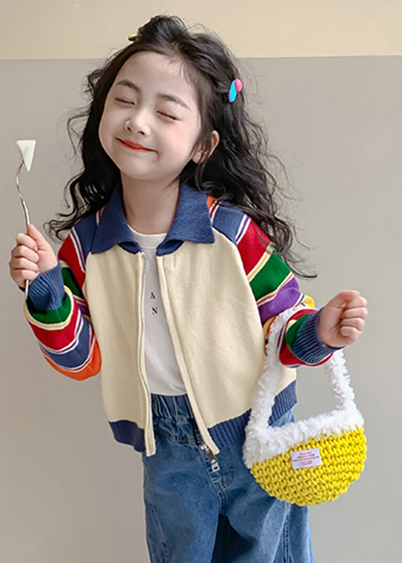 Fashion Rainbow Striped Peter Pan Collar Cotton Knit Kids Cardigan Spring