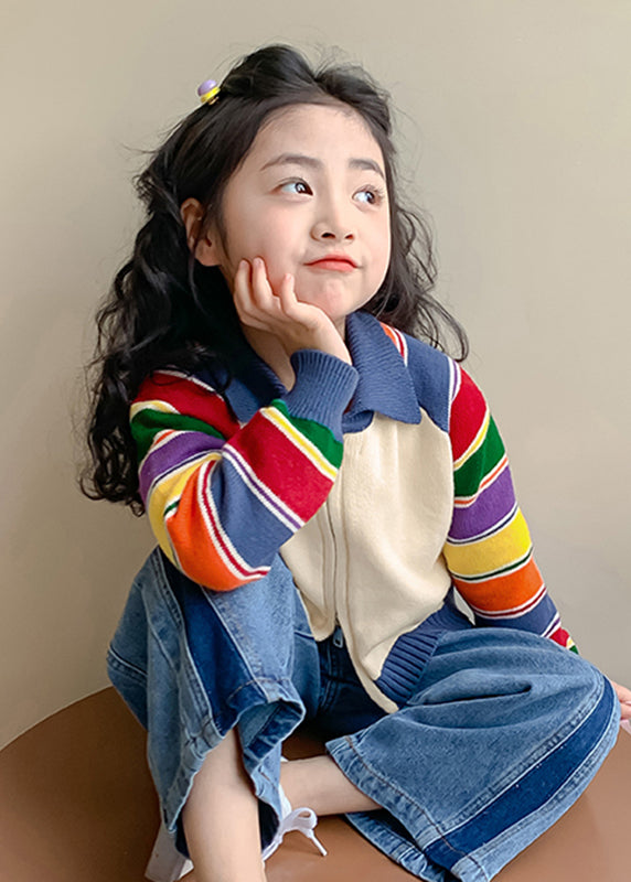 Fashion Rainbow Striped Peter Pan Collar Cotton Knit Kids Cardigan Spring