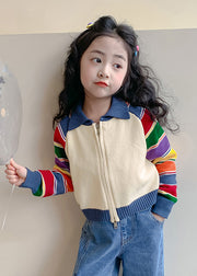 Fashion Rainbow Striped Peter Pan Collar Cotton Knit Kids Cardigan Spring