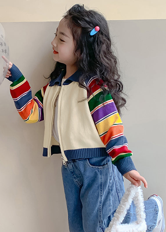 Fashion Rainbow Striped Peter Pan Collar Cotton Knit Kids Cardigan Spring