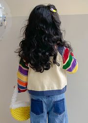 Fashion Rainbow Striped Peter Pan Collar Cotton Knit Kids Cardigan Spring