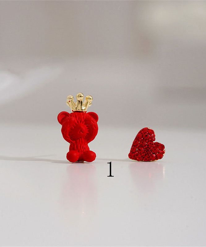 Fashion Red Animal Zircon Metal Asymmetrical Design Stud Earrings