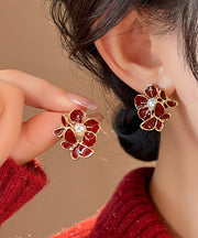 Fashion Red Copper Alloy Butterfly Pearl Stud Earrings