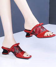 Fashion Red Cowhide Leather Splicing Flip Flops