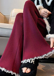 Fashion Red Drawstring Lace Patchwork Knit Flared Trousers Spring