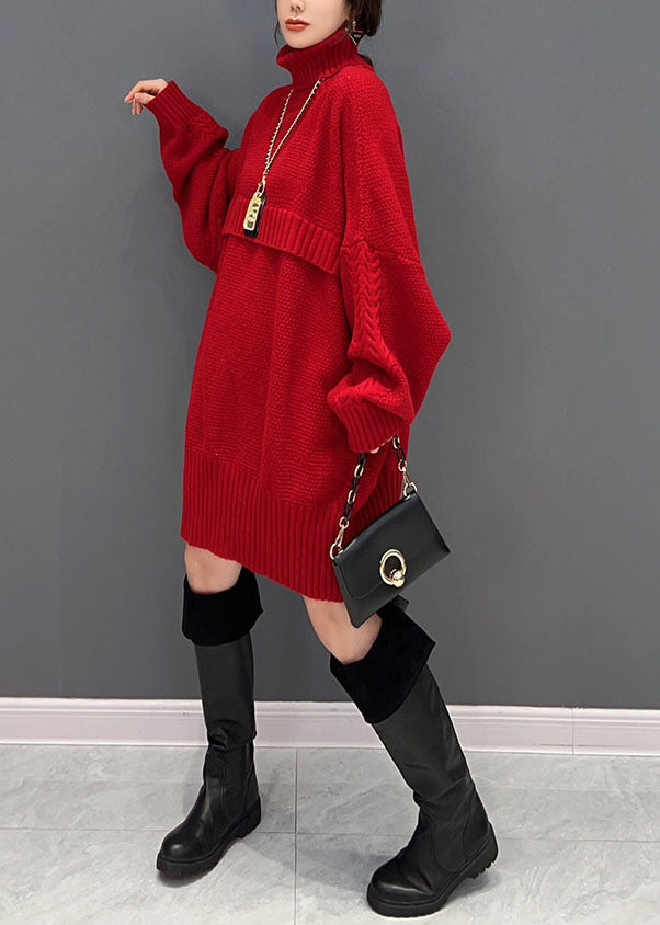 Fashion Red Hign Neck Oversized Thick Knit Sweaters Winter