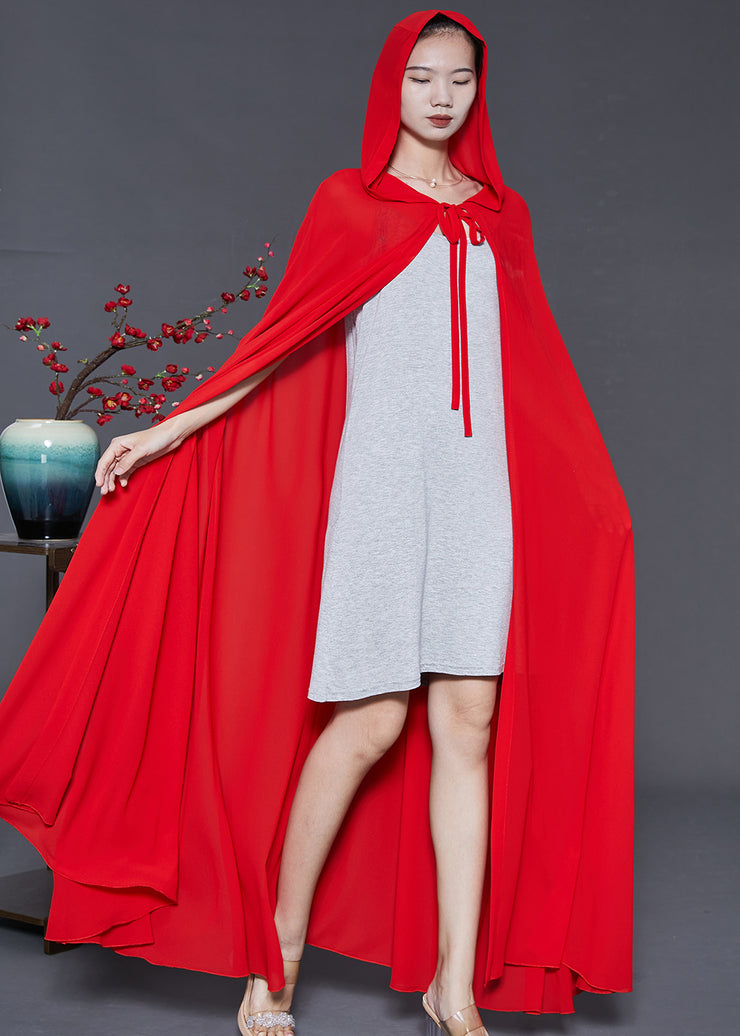 Fashion Red Hooded Draping Chiffon Cloak Summer
