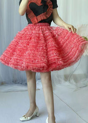 Fashion Red Layered Ruffled Patchwork Tulle Skirts Summer